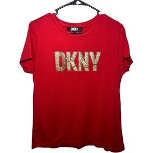 DKNY Streetwear Red with Gold Glitter Logo Crew Neck T-shirt Womens Large